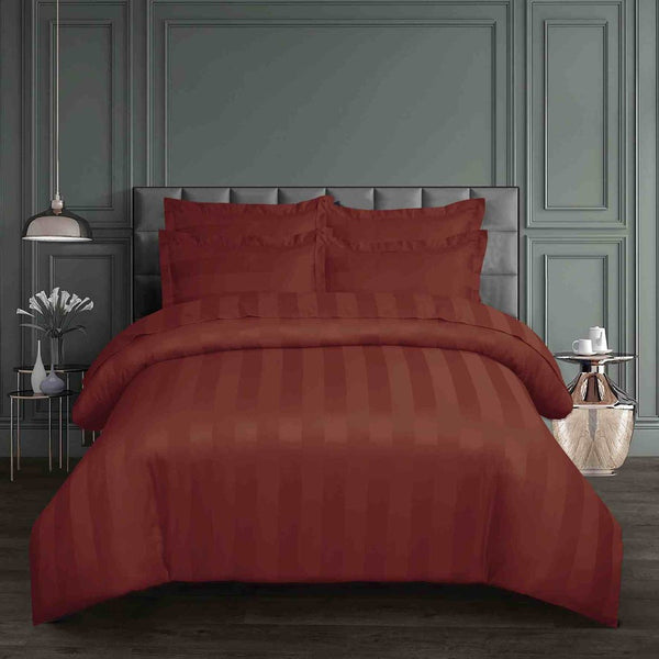 Luxury Stripe Satin Bedding Set – Ruby Rust | 6-Piece, King Size, Super Soft Fabric