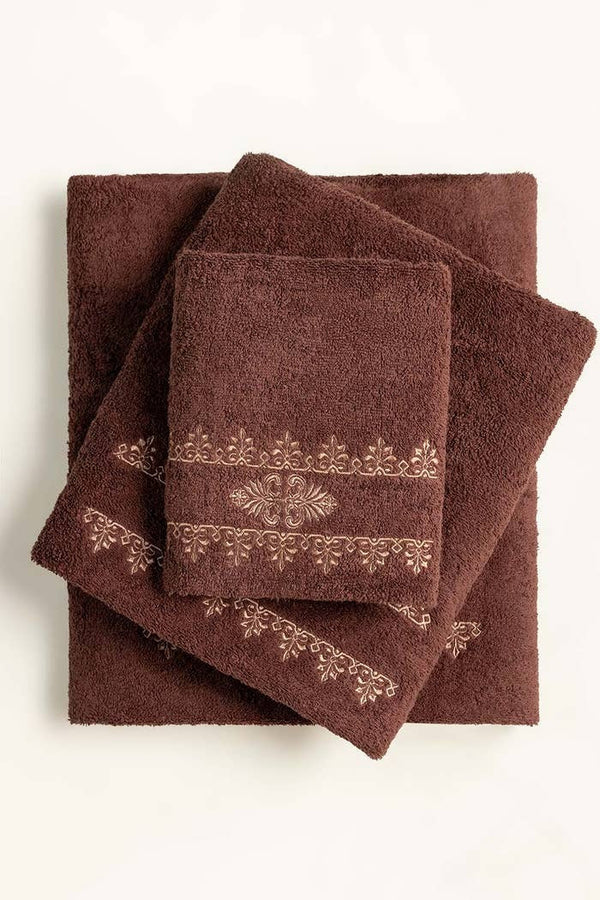 Brown 3-Piece Combed Embroidered Towel Set