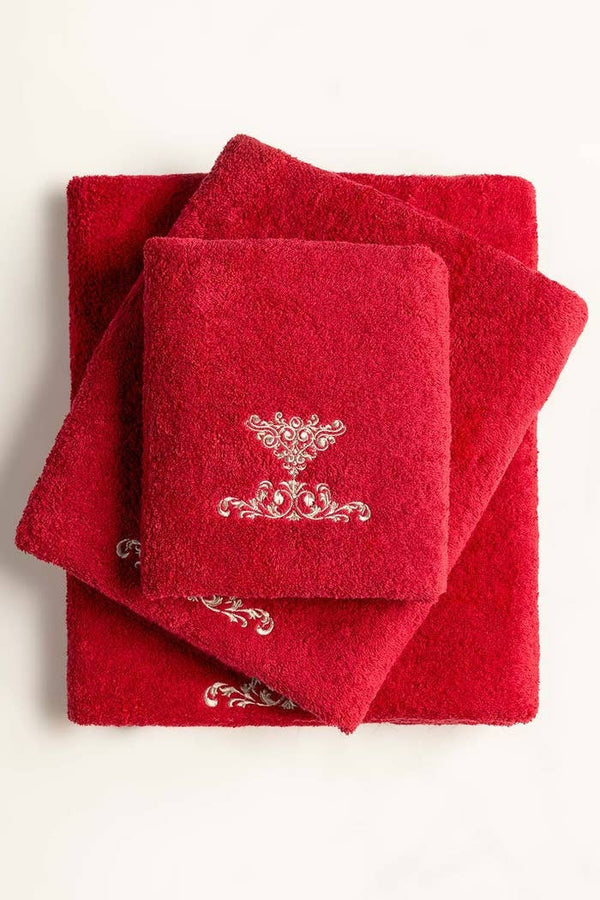 Red 3-Piece Combed Embroidered Towel Set